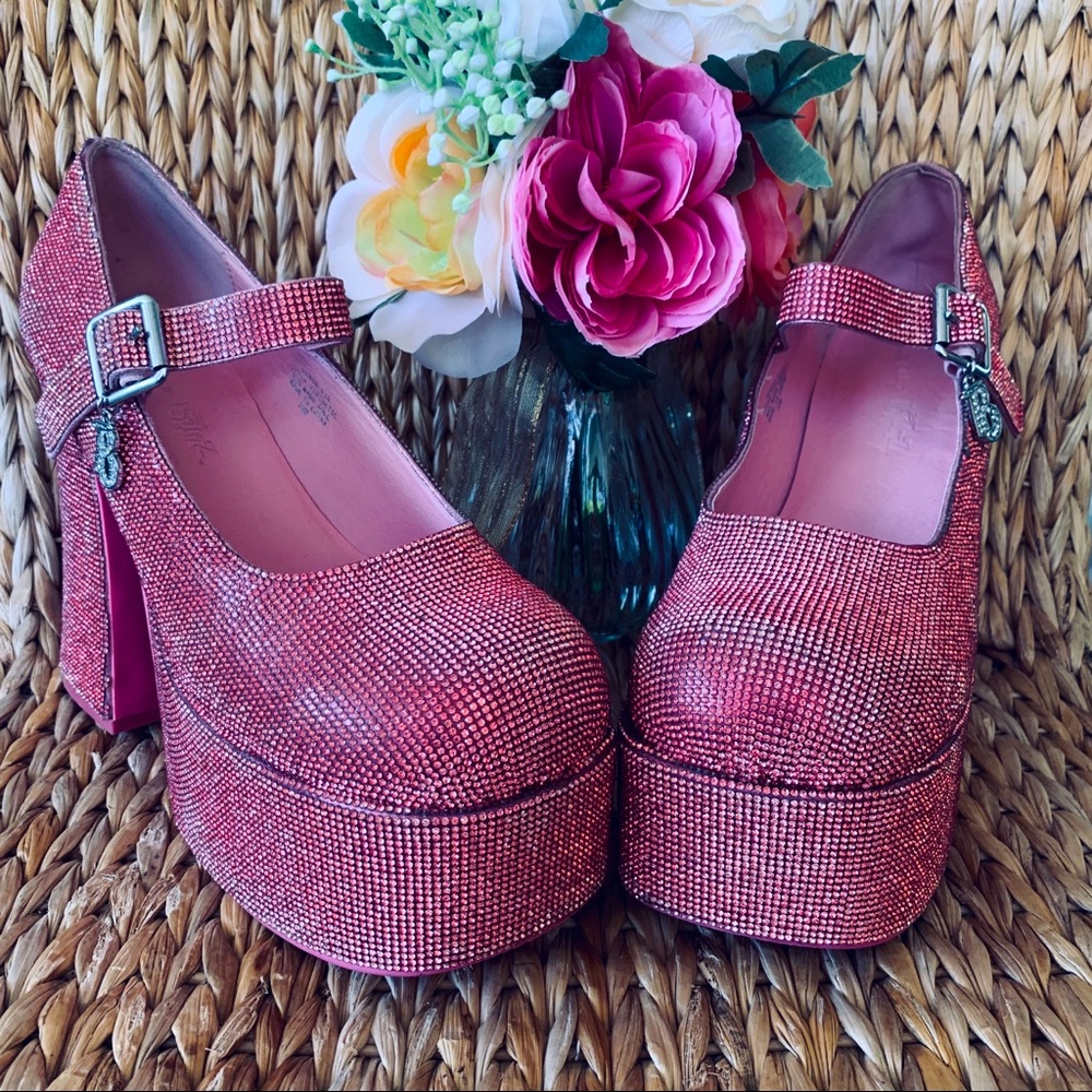 EUC Bratz x Dolls Kill Pink Rhinestone Platform Mary Jane Heels